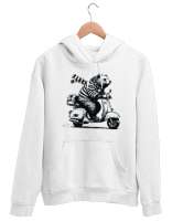 Motosiklet Kullanan Ayı - Bear Beyaz Unisex Kapşonlu Sweatshirt - Tisho