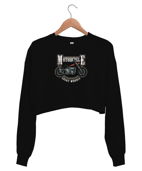 Tisho - Motosiklet - Vintage Motorcycle Siyah Kadın Crop Sweatshirt