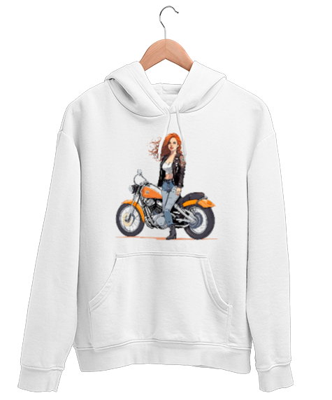 Tisho - Motosikletli Kız Beyaz Unisex Kapşonlu Sweatshirt