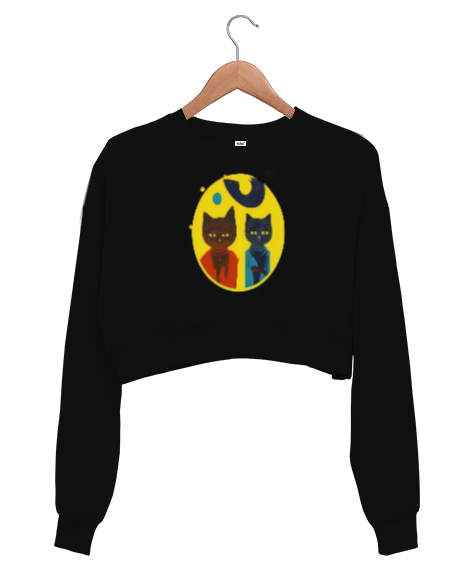 Tisho - Mr.Cats Siyah Kadın Crop Sweatshirt
