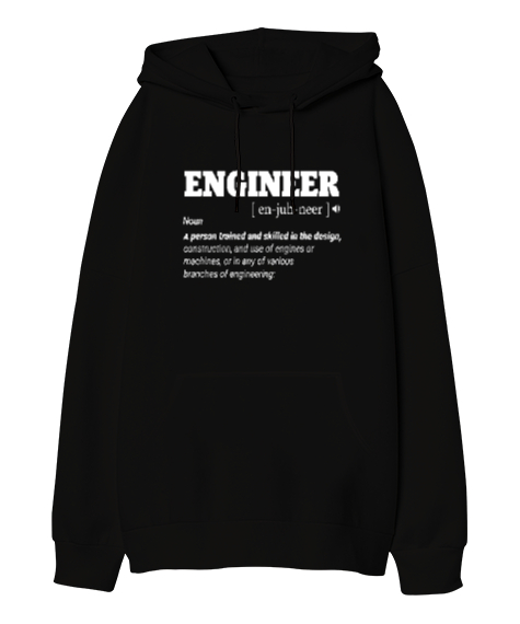 Tisho - Mühendis - Engineer Siyah Oversize Unisex Kapüşonlu Sweatshirt