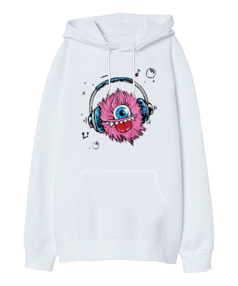 Tisho - Music Monster - Sevimli Canavar Beyaz Oversize Unisex Kapüşonlu Sweatshirt