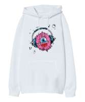 Music Monster - Sevimli Canavar Beyaz Oversize Unisex Kapüşonlu Sweatshirt - Tisho