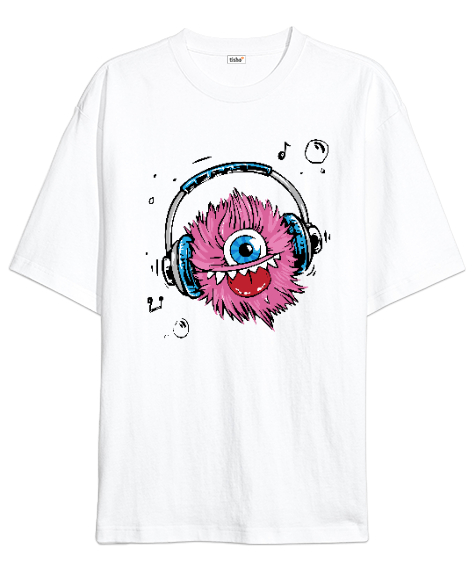 Tisho - Music Monster - Sevimli Canavar Beyaz Oversize Unisex Tişört