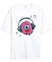 Music Monster - Sevimli Canavar Beyaz Oversize Unisex Tişört - Tisho