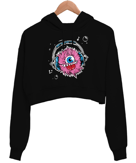 Tisho - Music Monster - Sevimli Canavar Siyah Kadın Crop Hoodie Kapüşonlu Sweatshirt