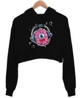 Music Monster - Sevimli Canavar Siyah Kadın Crop Hoodie Kapüşonlu Sweatshirt - Tisho