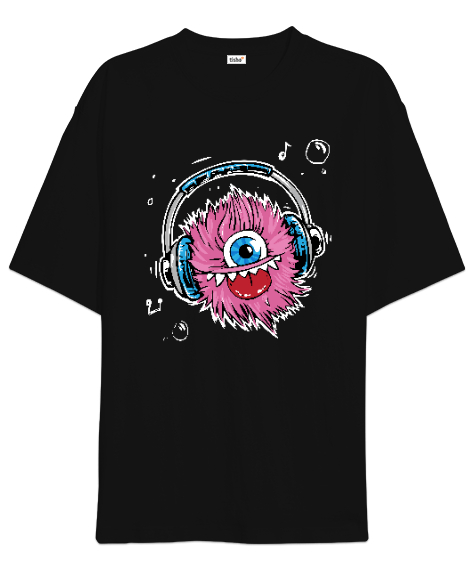 Tisho - Music Monster - Sevimli Canavar Siyah Oversize Unisex Tişört