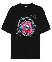 Music Monster - Sevimli Canavar Siyah Oversize Unisex Tişört - Tisho