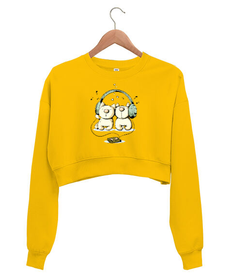 Tisho - Musican Cats - Love Sarı Kadın Crop Sweatshirt