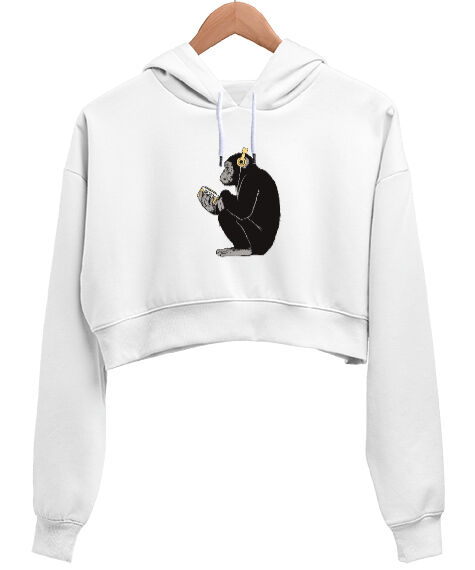 Tisho - Musican Monkey Beyaz Kadın Crop Hoodie Kapüşonlu Sweatshirt