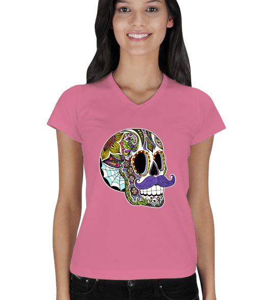 Tisho - Mustache Sugar Skull Kadın V Yaka