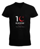 Mustafa Kemal Atatürk 10 Kasım Saat Resimli Siyah Erkek Kısa Kol V Yaka Tişört - Tisho