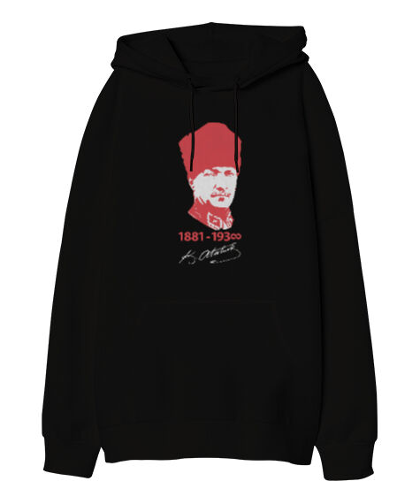 Tisho - Mustafa Kemal Atatürk 1881 1938 Baskılı Siyah Oversize Unisex Kapüşonlu Sweatshirt