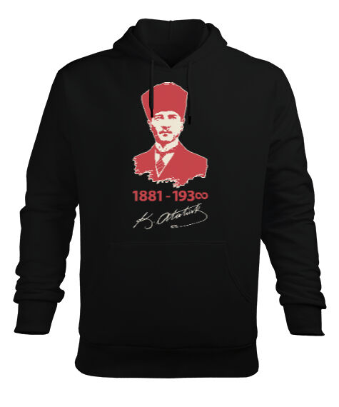 Tisho - Mustafa Kemal Atatürk 1881 1938 İmzalı Baskılı Siyah Erkek Kapüşonlu Hoodie Sweatshirt
