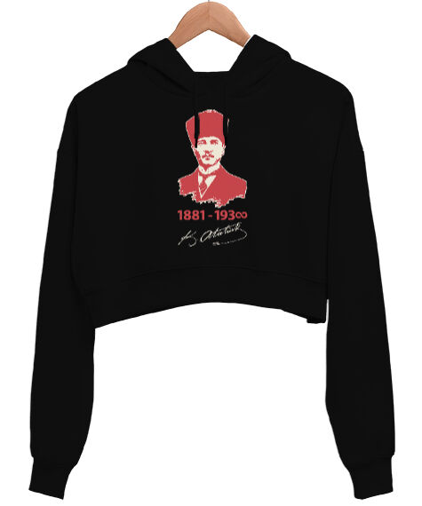 Tisho - Mustafa Kemal Atatürk 1881 1938 İmzalı Baskılı Siyah Kadın Crop Hoodie Kapüşonlu Sweatshirt
