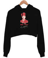 Mustafa Kemal Atatürk 1881 1938 İmzalı Baskılı Siyah Kadın Crop Hoodie Kapüşonlu Sweatshirt - Tisho