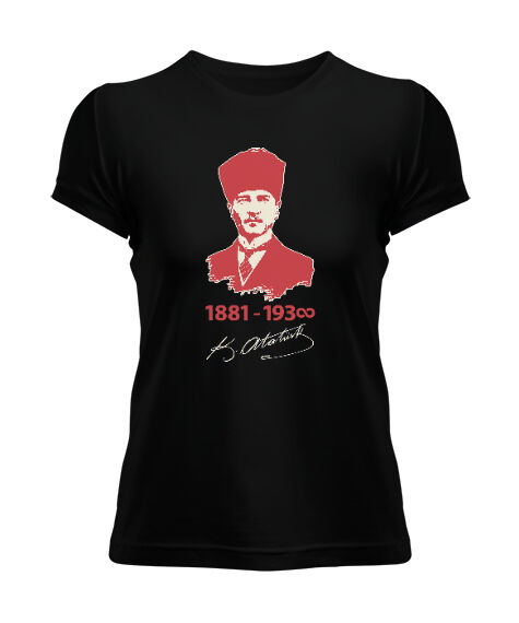 Tisho - Mustafa Kemal Atatürk 1881 1938 İmzalı Baskılı Siyah Kadın Tişört