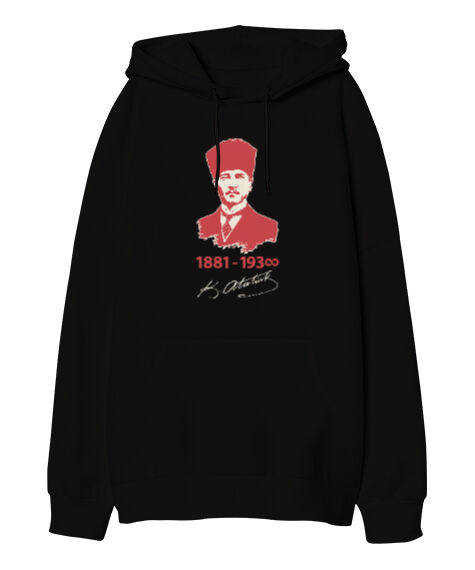 Tisho - Mustafa Kemal Atatürk 1881 1938 İmzalı Baskılı Siyah Oversize Unisex Kapüşonlu Sweatshirt