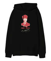 Mustafa Kemal Atatürk 1881 1938 İmzalı Baskılı Siyah Oversize Unisex Kapüşonlu Sweatshirt - Tisho