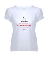 Mustafa Kemal Atatürk 29 Ekim Cumhuriyet Bayramı Resimli Beyaz Kadın V Yaka Tişört - Tisho