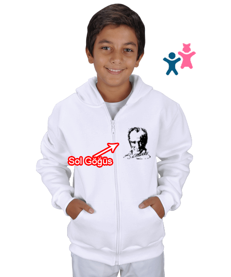 Tisho - Mustafa Kemal Atatürk Beyaz Çocuk Kapüşonlu Hoodie Fermuarlı