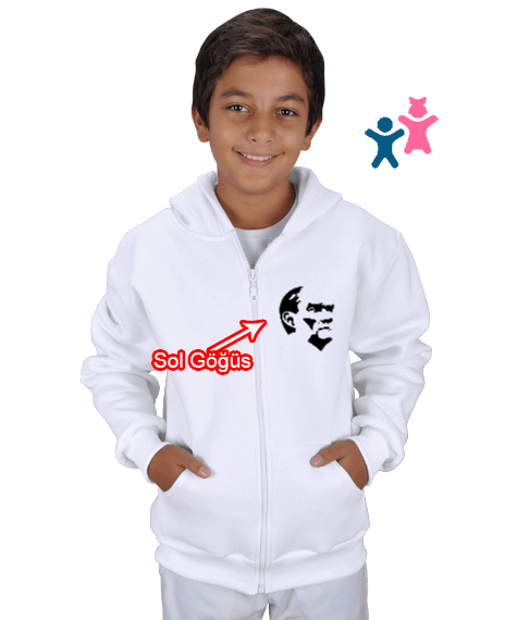 Tisho - Mustafa Kemal Atatürk Beyaz Çocuk Kapüşonlu Hoodie Fermuarlı