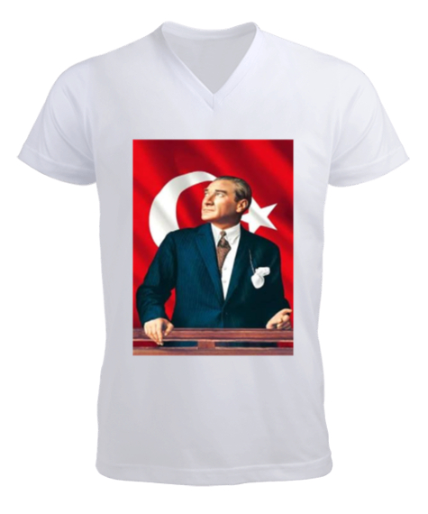 Tisho - Mustafa Kemal Atatürk Beyaz Erkek Kısa Kol V Yaka Tişört
