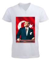Mustafa Kemal Atatürk Beyaz Erkek Kısa Kol V Yaka Tişört - Tisho