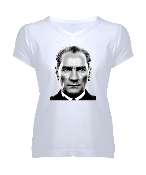 Tisho - Mustafa Kemal Atatürk Beyaz Kadın V Yaka Tişört