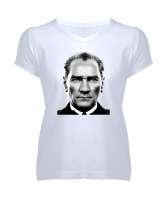 Mustafa Kemal Atatürk Beyaz Kadın V Yaka Tişört - Tisho