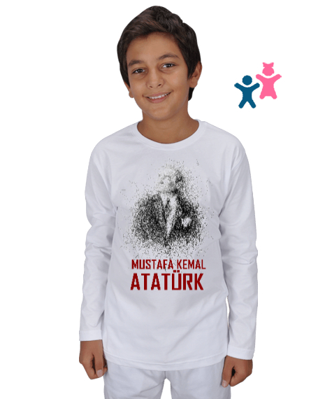 Tisho - Mustafa Kemal Atatürk Çizgisel V2 Beyaz Çocuk Unisex Uzunkollu