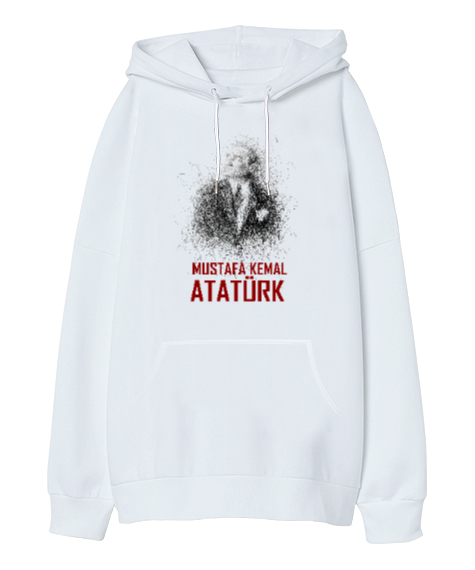 Tisho - Mustafa Kemal Atatürk Çizgisel V2 Beyaz Oversize Unisex Kapüşonlu Sweatshirt