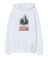 Mustafa Kemal Atatürk Çizgisel V2 Beyaz Oversize Unisex Kapüşonlu Sweatshirt - Tisho