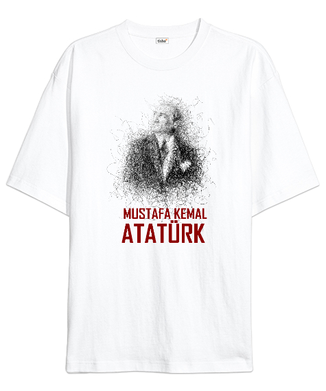 Tisho - Mustafa Kemal Atatürk Çizgisel V2 Beyaz Oversize Unisex Tişört