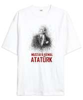 Mustafa Kemal Atatürk Çizgisel V2 Beyaz Oversize Unisex Tişört - Tisho