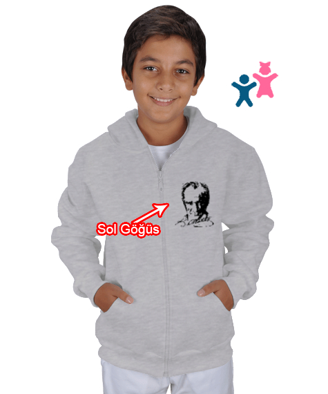 Tisho - Mustafa Kemal Atatürk Gri Çocuk Kapüşonlu Hoodie Fermuarlı