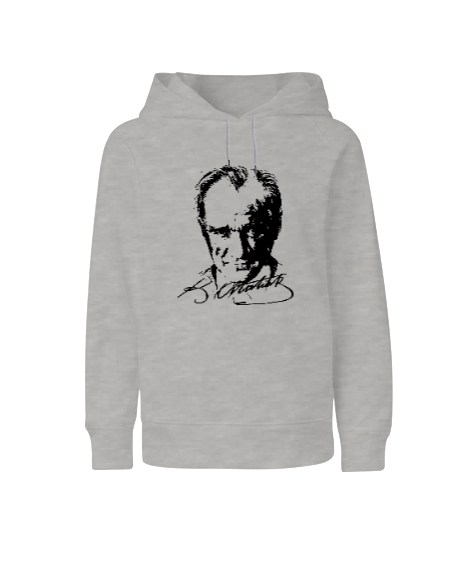 Tisho - Mustafa Kemal Atatürk Gri Çocuk Unisex Hoodie Kapüşonlu