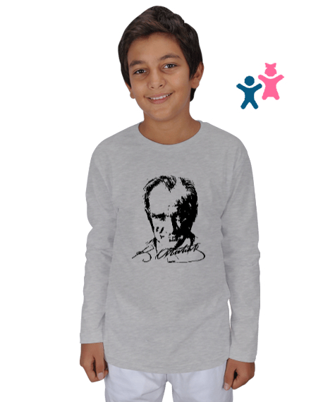 Tisho - Mustafa Kemal Atatürk Gri Çocuk Unisex Uzunkollu