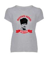 Mustafa Kemal Atatürk Gri Kadın V Yaka Tişört - Tisho