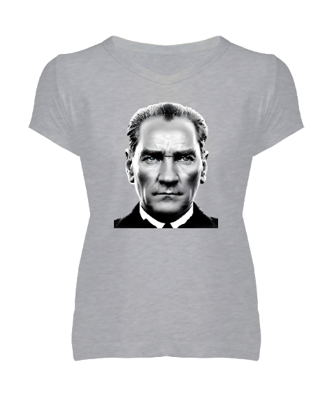Tisho - Mustafa Kemal Atatürk Gri Kadın V Yaka Tişört