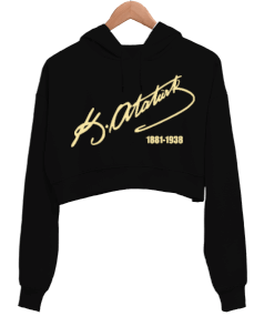 Mustafa Kemal Atatürk İmza Baskılı Siyah Kadın Crop Hoodie Kapüşonlu Sweatshirt - Tisho