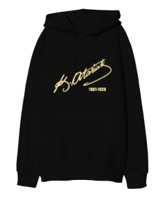 Mustafa Kemal Atatürk İmza Baskılı Siyah Oversize Unisex Kapüşonlu Sweatshirt - Tisho