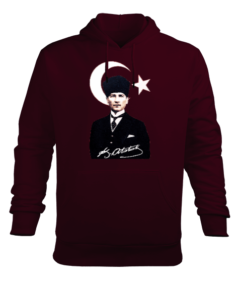 Tisho - Mustafa Kemal Atatürk imzalı Baskılı Bordo Erkek Kapüşonlu Hoodie Sweatshirt