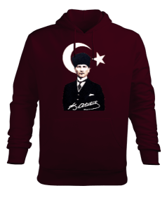 Mustafa Kemal Atatürk imzalı Baskılı Bordo Erkek Kapüşonlu Hoodie Sweatshirt - Tisho