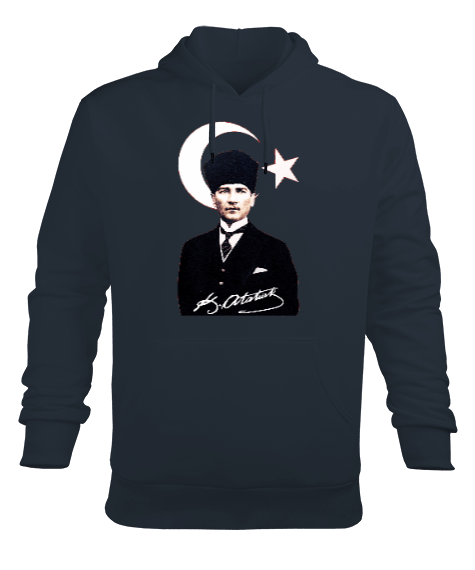 Tisho - Mustafa Kemal Atatürk imzalı Baskılı Füme Erkek Kapüşonlu Hoodie Sweatshirt