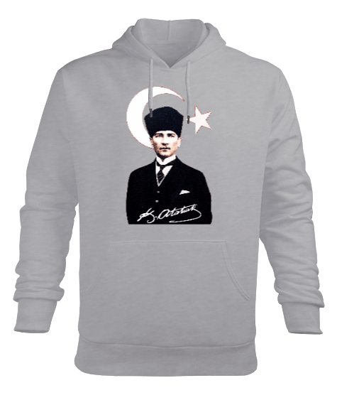 Tisho - Mustafa Kemal Atatürk imzalı Baskılı Gri Erkek Kapüşonlu Hoodie Sweatshirt