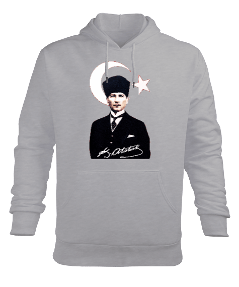 Mustafa Kemal Atatürk imzalı Baskılı Gri Erkek Kapüşonlu Hoodie Sweatshirt - Tisho