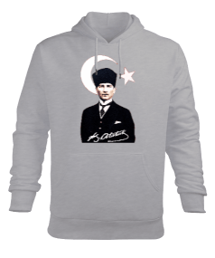 Mustafa Kemal Atatürk imzalı Baskılı Gri Erkek Kapüşonlu Hoodie Sweatshirt - Tisho