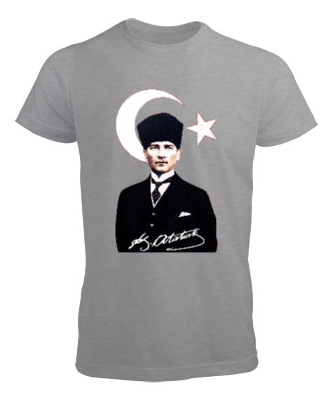 Tisho - Mustafa Kemal Atatürk imzalı Baskılı Gri Erkek Tişört